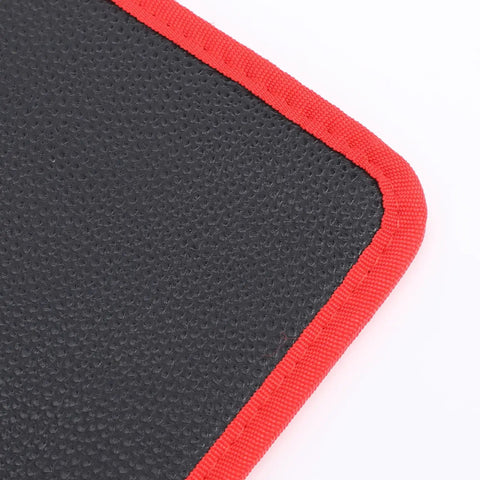 Flexible Magnetic Tool Mat 3 Pack PVC Coated For Auto Maintenance And Home Organization On Workbench And Metal Rack Strong Magnetic Surface Keeps Screwdrivers Bolts Nuts Sockets Secure black mat with red edge trim close-up