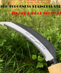 Close-up of Grass Sickle With Sawtooth Edge Weeding Hoe For Garden High Toughness Stainless Steel With Solid Wood Handle