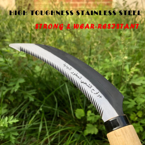 Close-up of Grass Sickle With Sawtooth Edge Weeding Hoe For Garden High Toughness Stainless Steel With Solid Wood Handle