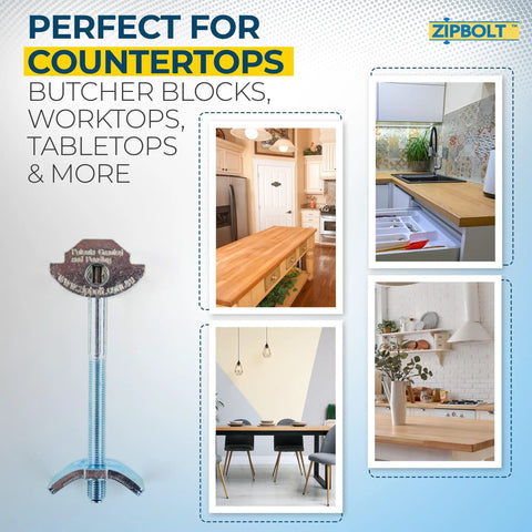 Heavy Duty Joint Connectors For Countertops And Butcher Blocks 5 Pack With T30 Torx Bit shown with a wood countertop and kitchen settings.