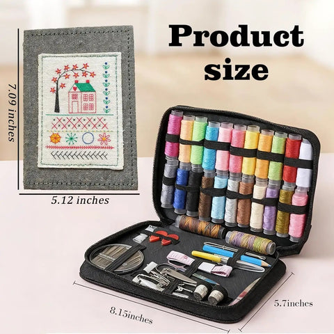 DIY Embroidery Stitch Book Kit With 106 Illustrated Stitches, open sewing tool kit with colorful threads and embroidery patterns.
