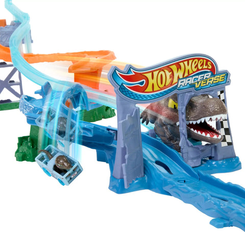 Hot Wheels RacerVerse Jurassic World Crash And Splash Playset with Die Cast Velociraptor vehicle on track facing Spinosaurus