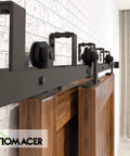 Black Rustic Double Track U Shape Bypass Sliding Barn Door Hardware Kit For Two Doors 6.6ft Long Flat Track with Rollers