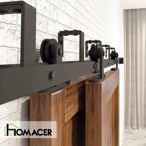 Black Rustic Double Track U Shape Bypass Sliding Barn Door Hardware Kit For Two Doors 6.6ft Long Flat Track with Rollers