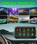 Green 8 Gang Switch Panel With Momentary On Off Touch Switches controls multiple vehicles including ATVs, UTVs, and RVs.