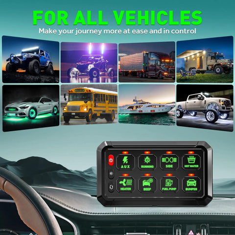 Green 8 Gang Switch Panel With Momentary On Off Touch Switches controls multiple vehicles including ATVs, UTVs, and RVs.