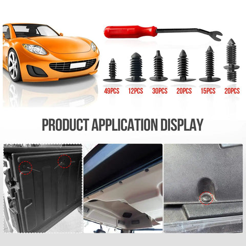 Street Legit 146 Piece Nylon Auto Body Clips For Bumper Shield Retainers Fender Flare Fasteners And Rocker Moldings With Easy Pull Tool shown with assorted clips and application examples.