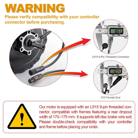 Warning graphic showing L915 9-pin connector compatibility for 1000W Electric Bike Hub Motor 48V Brushless Conversion Kit.
