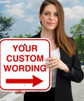 Customizable Square Left Or Right Arrow Sign For Office And Biz, Personalize With Your Wording, Durable American-Made Industrial Grade Directional Sign For Safety, Info, And Fun Office Decor. Square aluminum sign with right arrow and custom wording.
