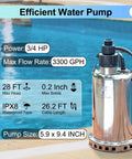 Heavy Duty Three Quarters HP Submersible Sump Pump 3300 GPH Stainless Steel Water Pump With 26 Foot Cord near pool