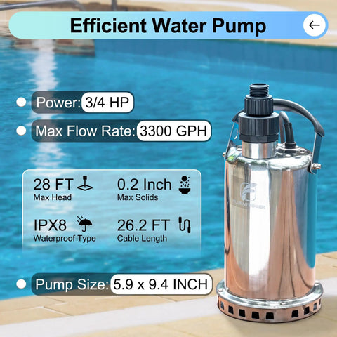 Heavy Duty Three Quarters HP Submersible Sump Pump 3300 GPH Stainless Steel Water Pump With 26 Foot Cord near pool