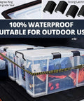 Super Sized 3 Pack Heavy Duty Waterproof Plastic Stackable Storage Totes 90 Quarts with latching lids, securely holding outdoor gear.