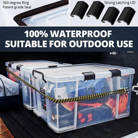 Super Sized 3 Pack Heavy Duty Waterproof Plastic Stackable Storage Totes 90 Quarts with latching lids, securely holding outdoor gear.