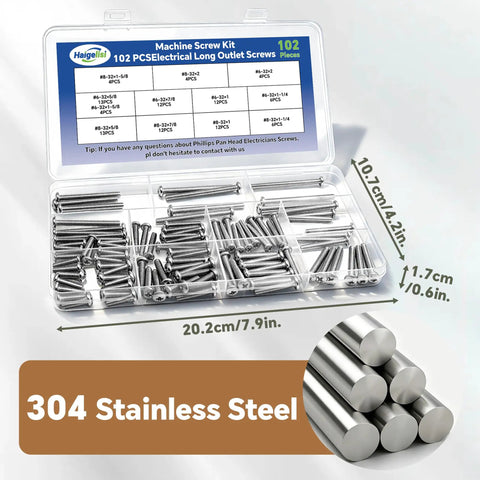 Top Shelf Workhorse 102 Piece Long Outlet Screw Kit With Phillips Pan Head Size 6 32 And 8 32 In Rust Resistant 304 Stainless Steel organized in a clear case.