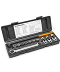 15 Piece Ratcheting Serpentine Belt Tool Set for No Fuss Belt Removal And Installation, Spring Loaded Tensioner Compatible, Durable Auto Maintenance Kit 3680D in open black case with sockets and wrench displayed.