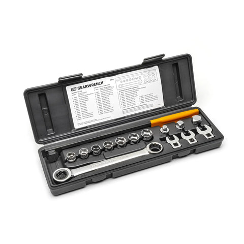 15 Piece Ratcheting Serpentine Belt Tool Set for No Fuss Belt Removal And Installation, Spring Loaded Tensioner Compatible, Durable Auto Maintenance Kit 3680D in open black case with sockets and wrench displayed.