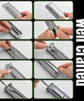 Assembly and close-up details of Tactical Folding Knife With Belt Clip, all-steel design, showing construction and components.