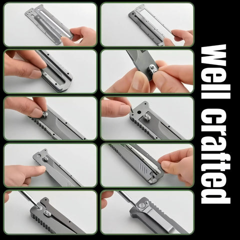 Assembly and close-up details of Tactical Folding Knife With Belt Clip, all-steel design, showing construction and components.