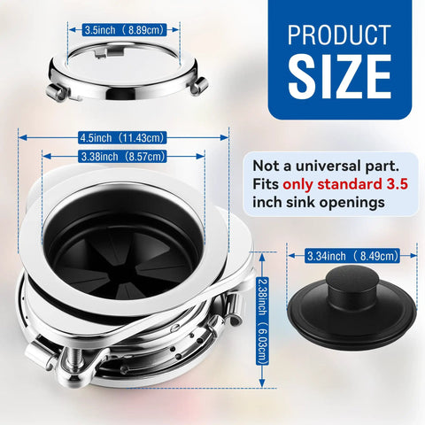 Heavy Duty Twist Lock Garbage Disposal Flange Kit Designed For Hassle Free Kitchen Sink Drain Replacement Plus Super Breezy Home Upgrade With Sleek Silver Finish showing dimensions and parts.