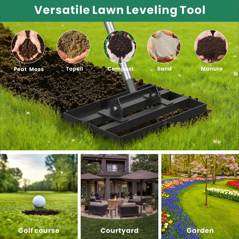 Heavy Duty Lawn Leveling Rake With 17 Inch Wide Head And 10 Inch Depth, 78 Inch Adjustable Stainless Steel Handle, Pro Grade Grass Leveler Tool For Lawn Care And Yard Work, Spreads Soil Smoothly And Evenly in use on lawn with peat moss, topsoil, compost, sand, manure.
