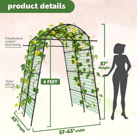 Tall Garden Arch Trellis with adjustable width, 65 in length, 87 in high, polyethylene-coated metal for climbing plants.