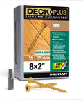 Box of Two Inch Epoxy Coated Exterior Deck And Fence Screws Eight Gauge with Torx bit visible, tan color, 125 piece box.
