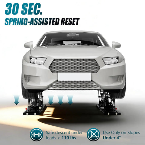 Heavy Duty Portable Hydraulic Car Lift Featuring A Hella Rugged Nine Thousand Pound Capacity Zero Drag Wheels Clean Steel Build Ideal For Home Garage Wrenchin And Serious Auto Work with car elevated safely and showing hydraulic mechanism.