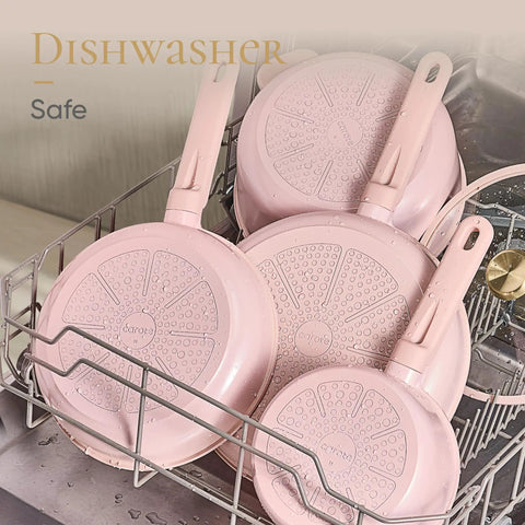 Nonstick Cookware Set 14 Piece, PFAS Free And Non Toxic, Dishwasher Safe; pink blush pans in dishwasher rack.