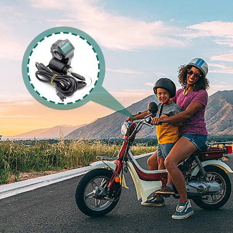 Woman and child on scooter with E Bike Voltage Display With LCD Readout Thumb Throttle inset; mountain background