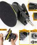 5 Inch Air Random Orbital Sander Dual Action Pneumatic Palm Sander with labeled features like pressure switch, exhaust hole, and inlet filter.