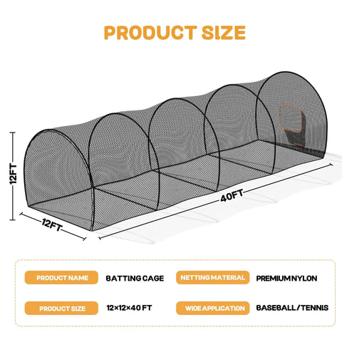 Diagram of 40 Foot Batting Cage For Baseball And Softball With Sock Pocket Freestanding Frame Heavy Duty Net And Portable Backyard Gear