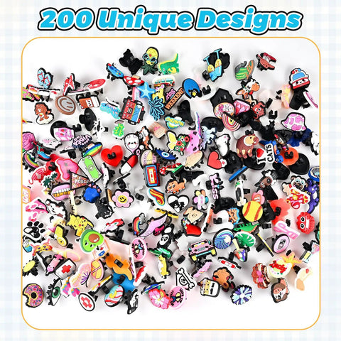 200 Pack Pencil Toppers and Charms Set, Assorted Colorful Designs, shown with various playful motifs on a white surface