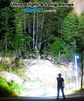 Person illuminating forest at night with Rechargeable LED Flashlight 80000 Lumens Ultra Bright Handheld Flashlight with 5 Modes
