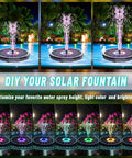 Remote Control Solar Water Fountain with IR Remote, no wiring needed, 6W solar pump, LED lights, 3 spray heights, garden pond display