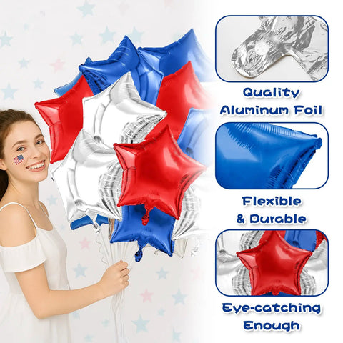 Red White And Blue Mylar Balloons Set For 4th Of July Patriotic Arch Kit With Star Balloons displayed outdoors