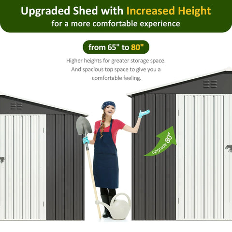 Heavy Duty Metal Garden Storage Shed 8.2x12 Ft Lockable Doors with increased height and woman holding shovel