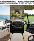 Single Din Bluetooth 5.1 Marine Car Stereo Receiver With 240W Power installed in a boat, RV, and golf cart dashboard