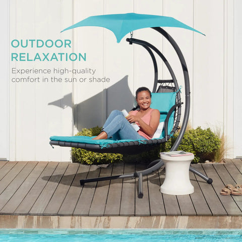 Outdoor Hanging Curved Steel Chaise Lounge Chair Swing With Built In Pillow And Removable UV Resistant Canopy Teal by poolside