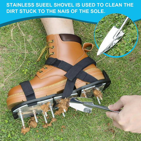 Pre Assembled Lawn Aerator Shoes For Grass With Aluminum Base, Adjustable Velcro Straps cleaning spikes with shovel