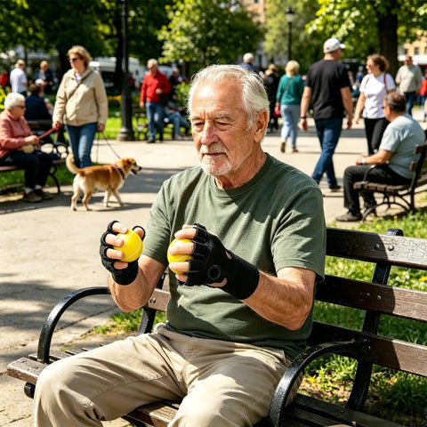 Grip Strength Trainer Ball For Hands And Wrists Portable Finger And Hand Exerciser used by man sitting on park bench
