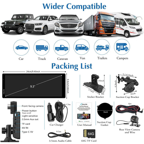 Slick Wireless CarPlay And Android Auto Dash Cam System With 9.3 Inch HD IPS Touch Screen 4K Front Camera Packing List