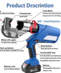 Bad Boy Cordless Hydraulic Crimping Tool With 4Ah Rechargeable Battery, 360 Swivel Jaw, Heavy Duty Cable Lug Pliers showing features and controls.