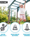 Child playing on Outdoor Monkey Bar Adventure Swing Set with three belt swings, trapeze bar with gym rings, UV resistant steel.
