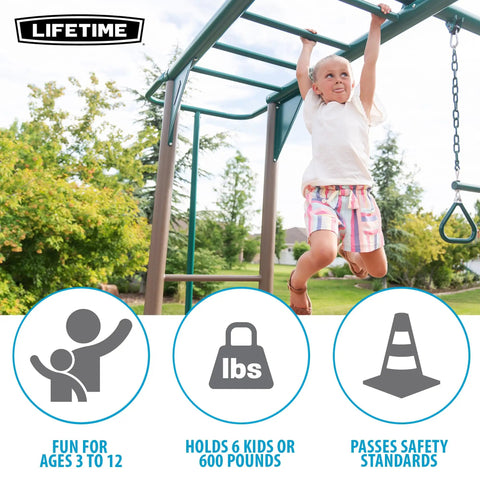 Child playing on Outdoor Monkey Bar Adventure Swing Set with three belt swings, trapeze bar with gym rings, UV resistant steel.