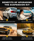 ASAPE 12PCS front suspension kit four-panel infographic; sedan side view, orange off-road truck, yellow sports car.