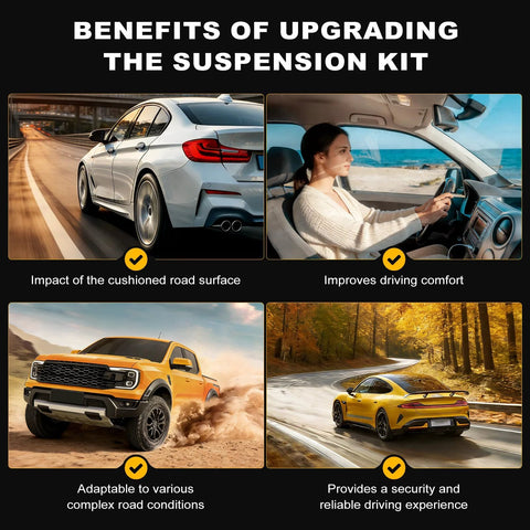 ASAPE 12PCS front suspension kit four-panel infographic; sedan side view, orange off-road truck, yellow sports car.
