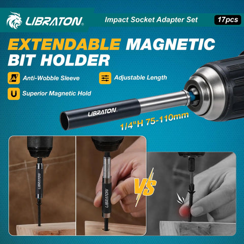All In One 17 Piece Impact Socket Adapter Set For One Quarter Inch, Three Eighths Inch, And One Half Inch Square Drive With Quick Release Bit Holders And 360 Degree Swivel Adapters Pro Grade Heavy Duty Drill Accessory Kit extendable magnetic bit holder 1/4H 75-110mm