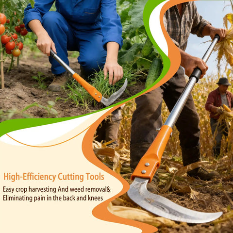 Person using Adjustable Long Handled Weeding Sickle with High Carbon Steel Blade, Lightweight Garden Tool for yard work and pruning