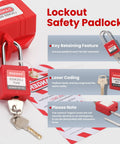 Red lockout safety padlock with key, labeled 'Danger Locked Out', showcasing key retaining feature, laser coding, and safety notes.