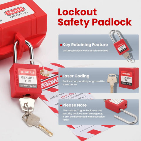 Red lockout safety padlock with key, labeled 'Danger Locked Out', showcasing key retaining feature, laser coding, and safety notes.